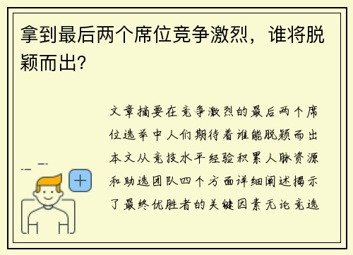 拿到最后两个席位竞争激烈，谁将脱颖而出？